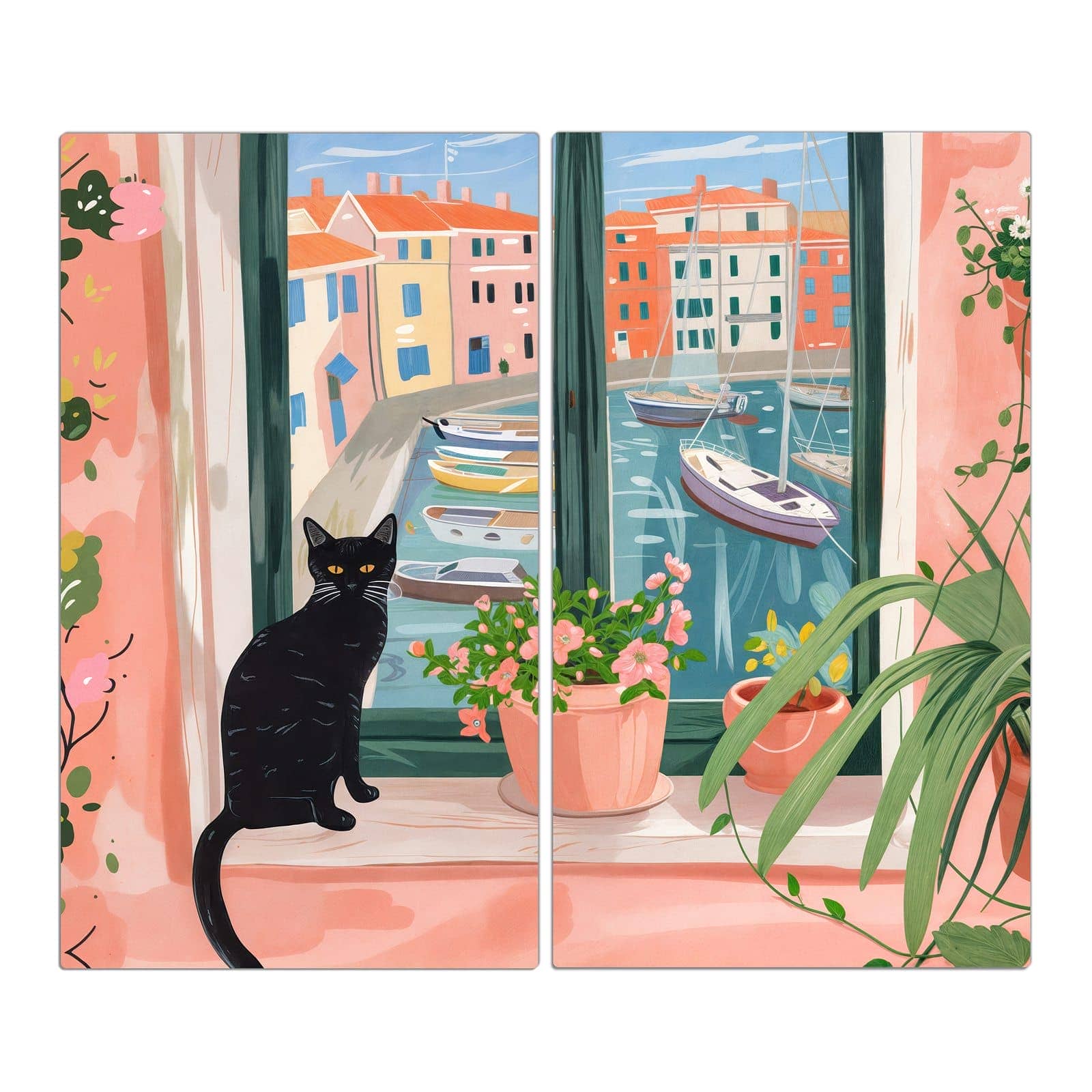 2-teilige Abdeckung für Herdplatten mit Katze am Fenster-Motiv in der Frontansicht #grösse_2-Teilig (60x52cm)