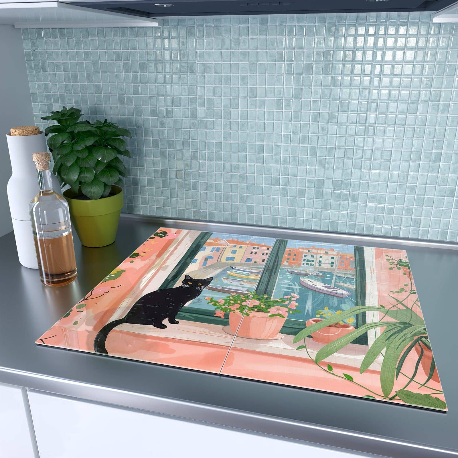 2-teilige Herdabdeckplatten für Ceranfeld mit Katze am Fenster-Motiv in moderner Küche