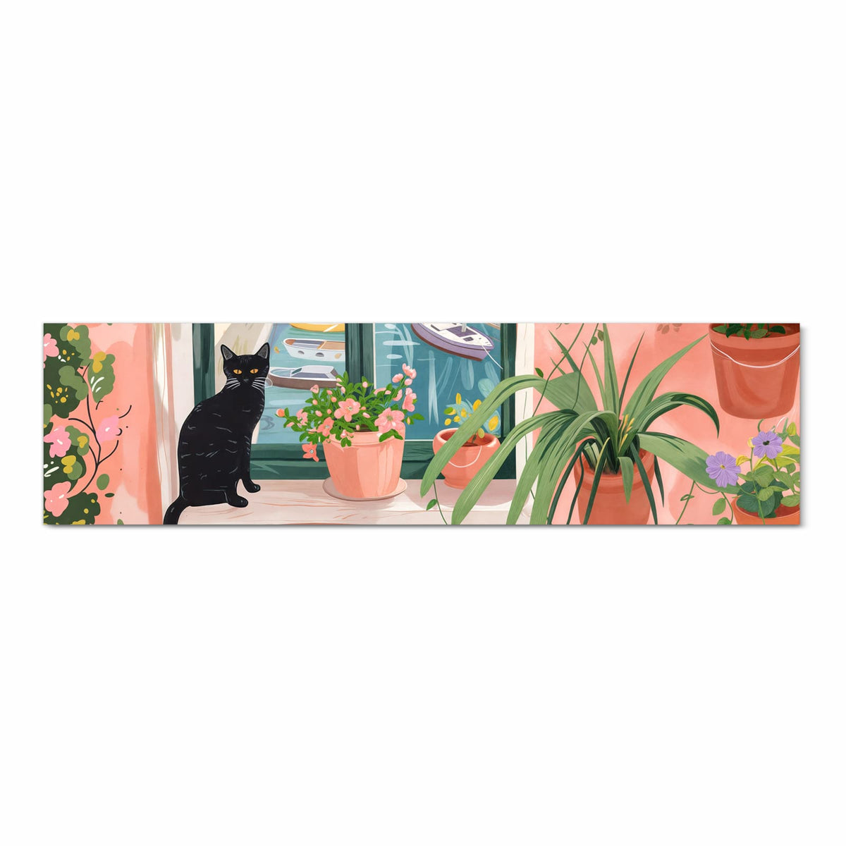 Bodenschonender Küchenteppich mit Motiv Katze am Fenster in Frontansicht