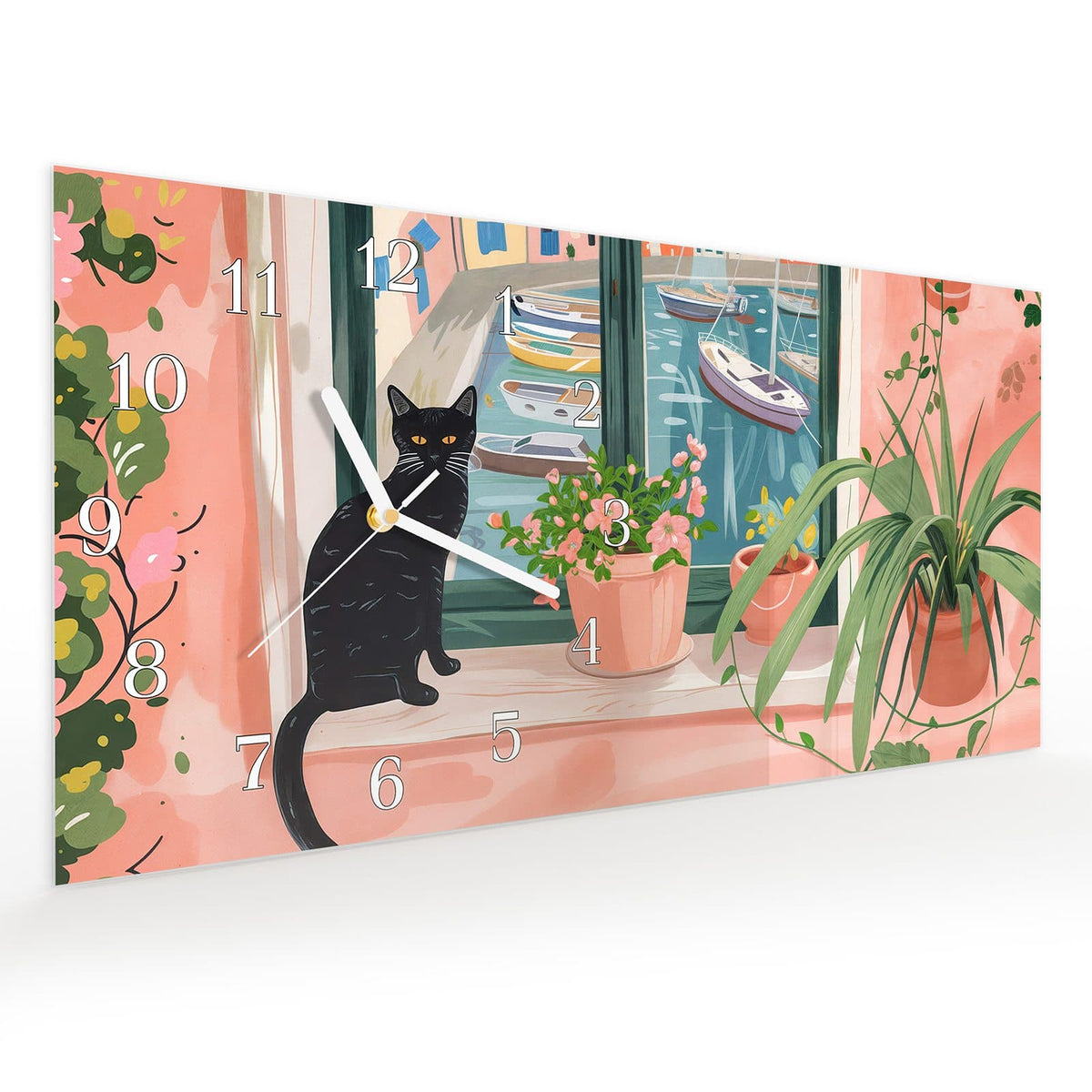 Vormontiert – mit Schwebeeffekt – Wanduhr Katze am Fenster aus Glas – Querformat 60 × 30 cm