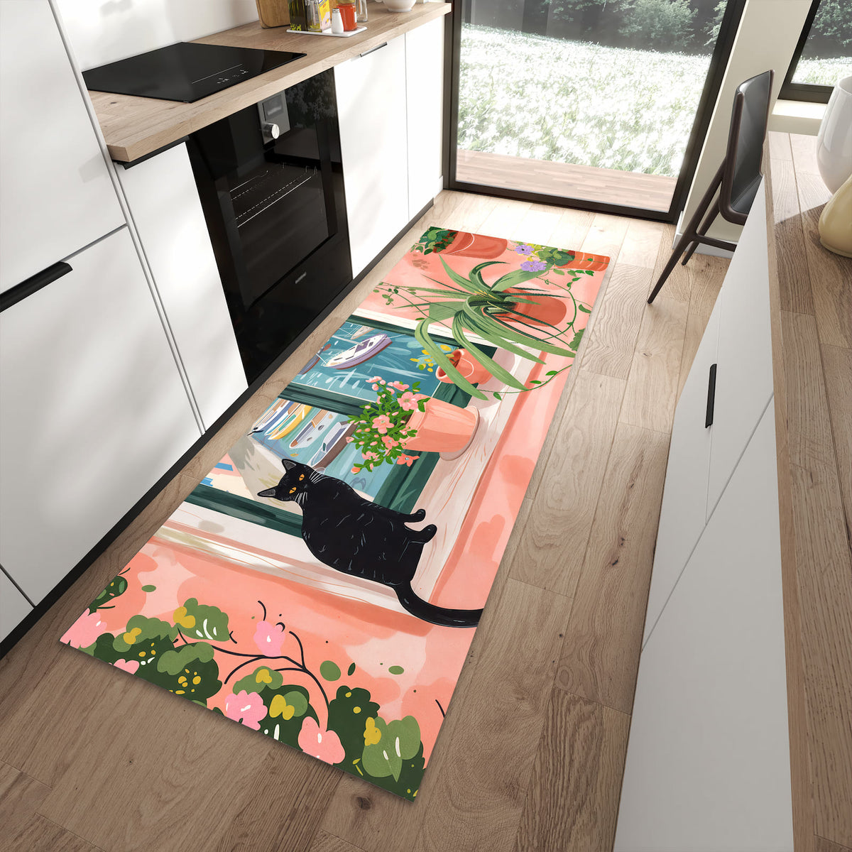 Waschbarer Küchenteppich mit Motiv Katze am Fenster in moderner Küche