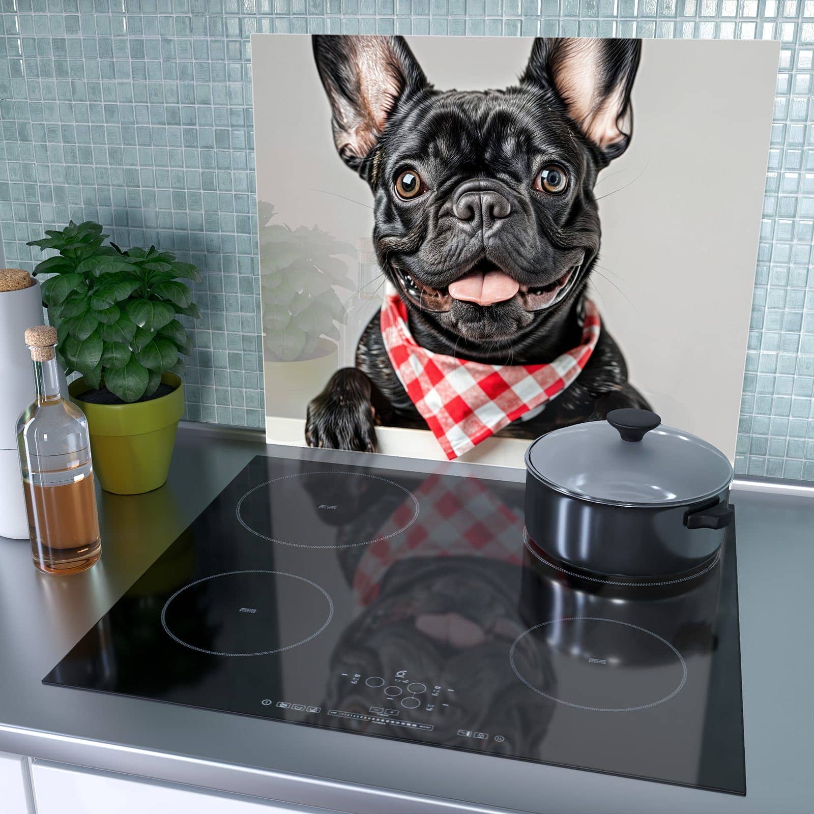 1-teilige Herdabdeckplatte aus Glas mit Französische Bulldogge-Motiv als Spritzschutz hinter dem Kochfeld