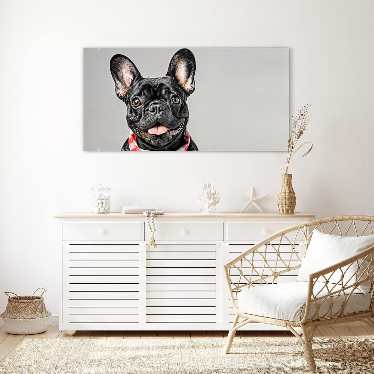 Echtglas, 4 mm – kein Acryl, keine Folie – Wandbild - Bulldogge mit Halstuch - Querformat
