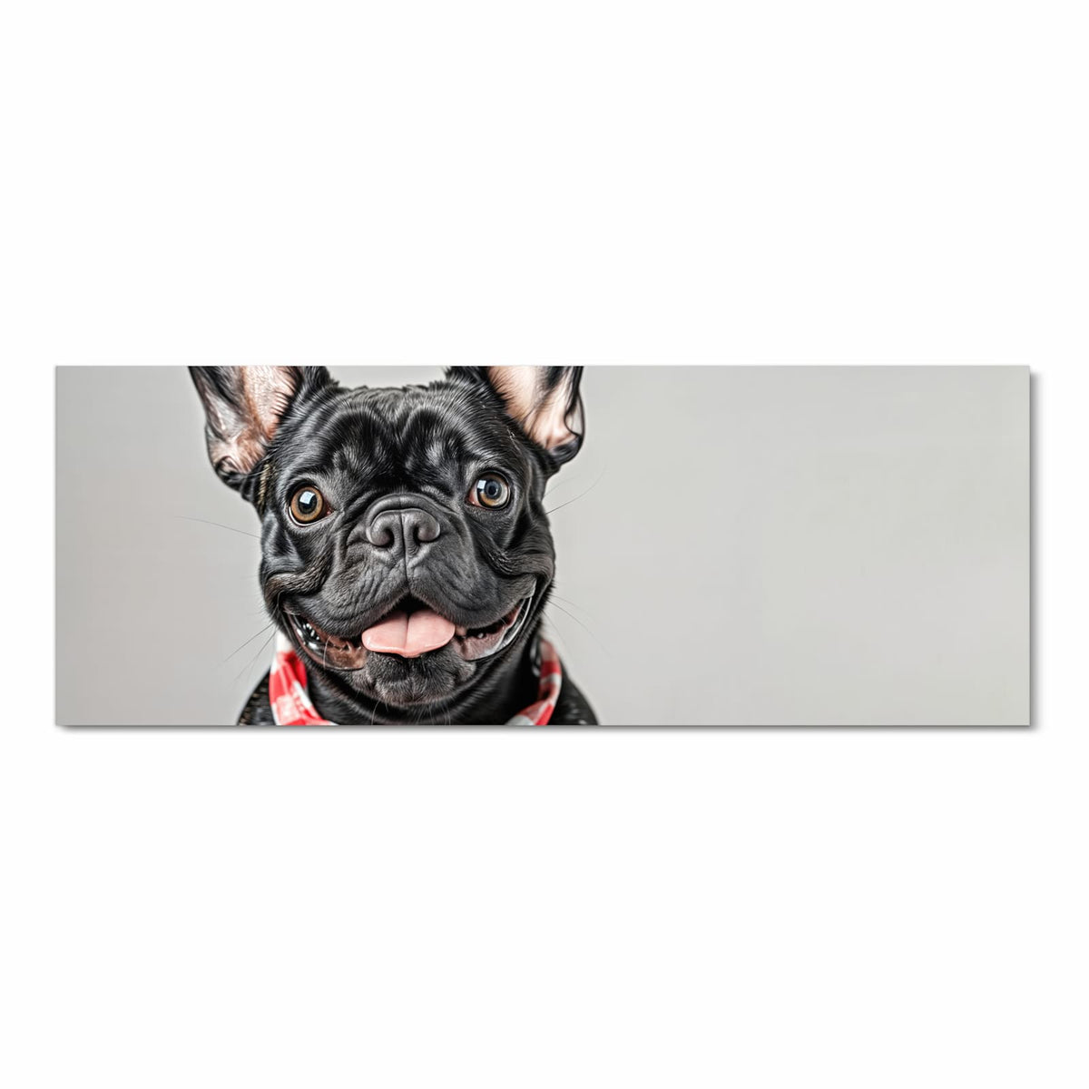 Schwarze Französische Bulldogge mit rot-weiß kariertem Halstuch, Pfoten auf weißer Kante