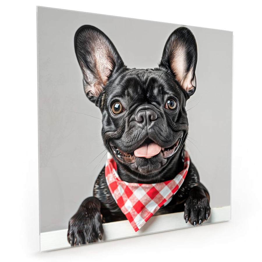 Maße Küchenrückwand Bulldogge mit Halstuch aus Glas