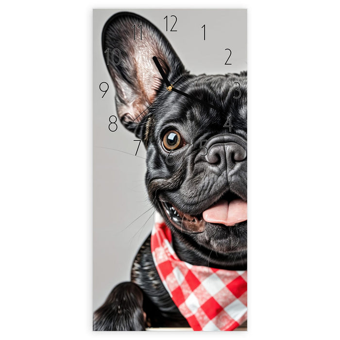 Wanduhr Bulldogge Französisch aus Glas – Hochformat 30 × 60 cm mit Ziffernblatt Elegant