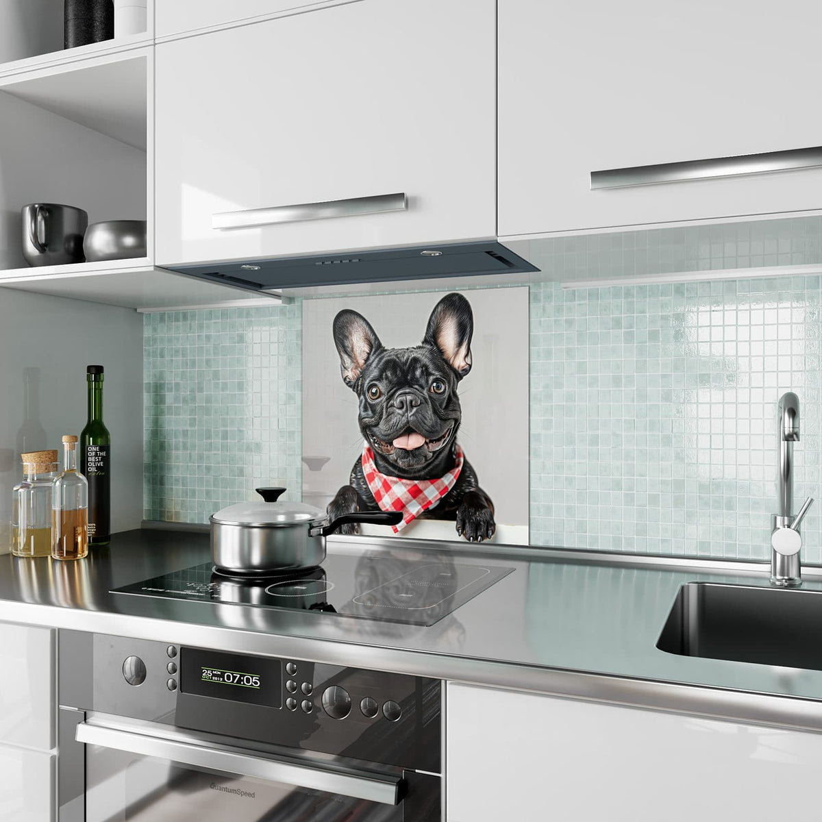 Küchenrückwand Bulldogge mit Halstuch aus Glas – Französische Bulldogge mit kariertem Halstuch