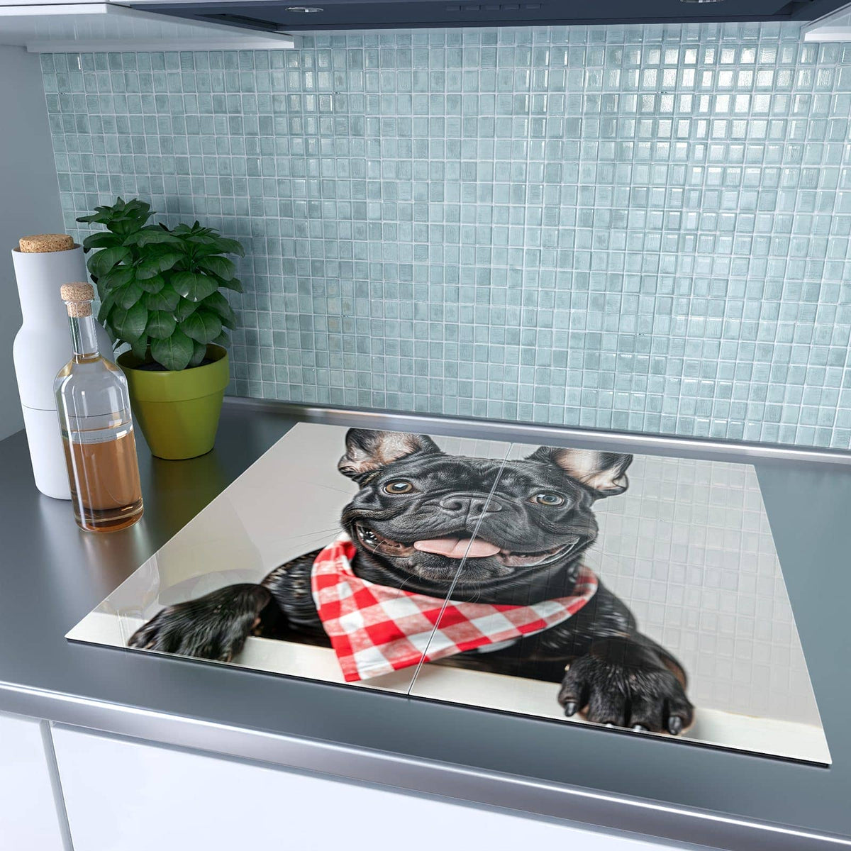 Sechs Aufgaben, eine Platte – Herdabdeckplatte Bulldogge mit Halstuch