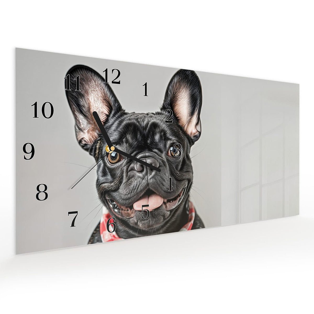Vormontiert – mit Schwebeeffekt – Wanduhr Bulldogge Französisch aus Glas – Querformat 60 × 30 cm