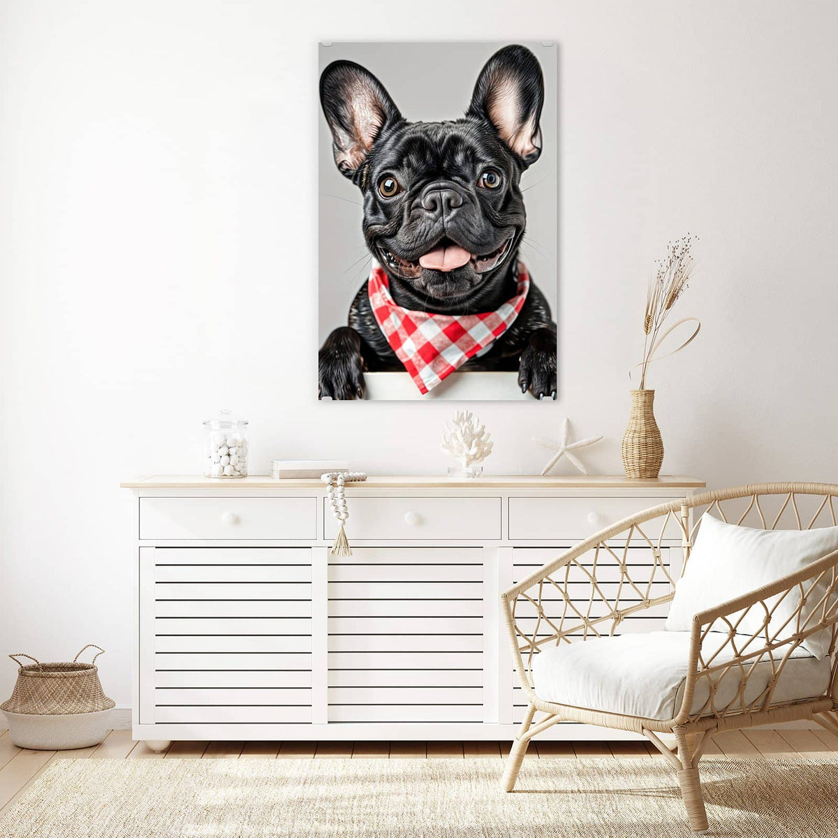 Glasbild Bulldogge mit Halstuch an der Wand – Schwarze Französische Bulldogge mit rot-weiß kariertem Halstuch, Pfoten auf weißer Kante