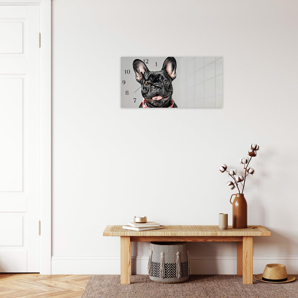 Moderne Wanduhr aus Glas mit Farbtiefe – Wanduhr Bulldogge Französisch aus Glas – Querformat 60 × 30 cm