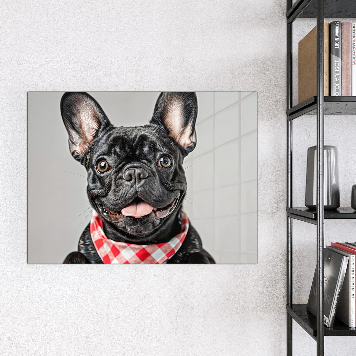 Glas Magnettafel - Bulldogge mit Halstuch – Französische Bulldogge mit kariertem Halstuch