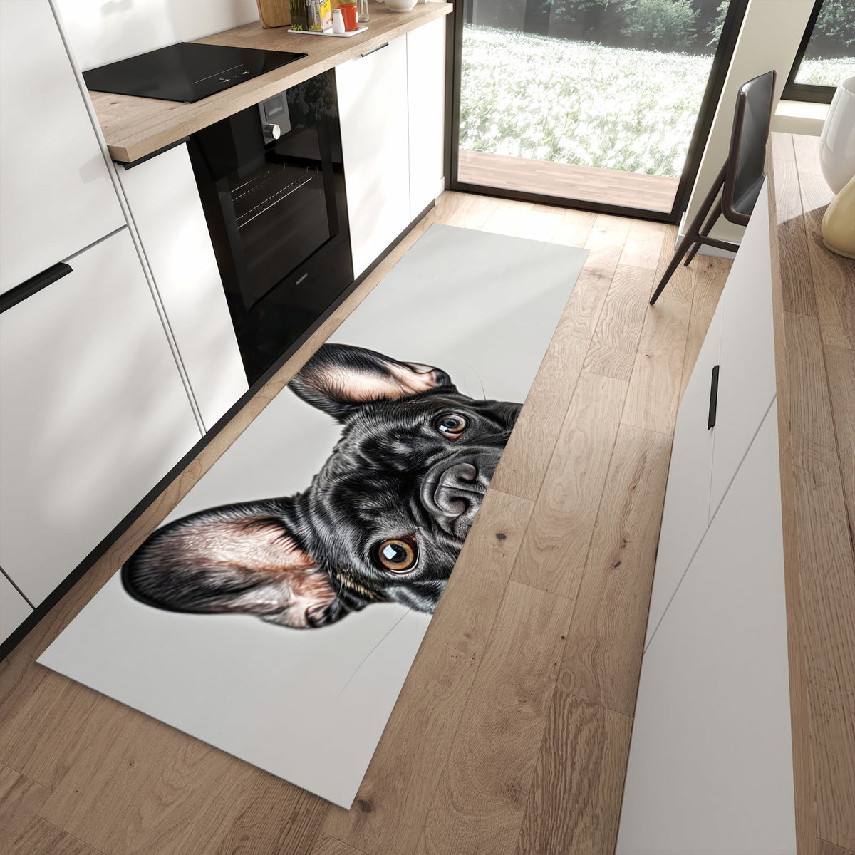Küchenläufer Bulldogge mit Halstuch in einer modernen Küche