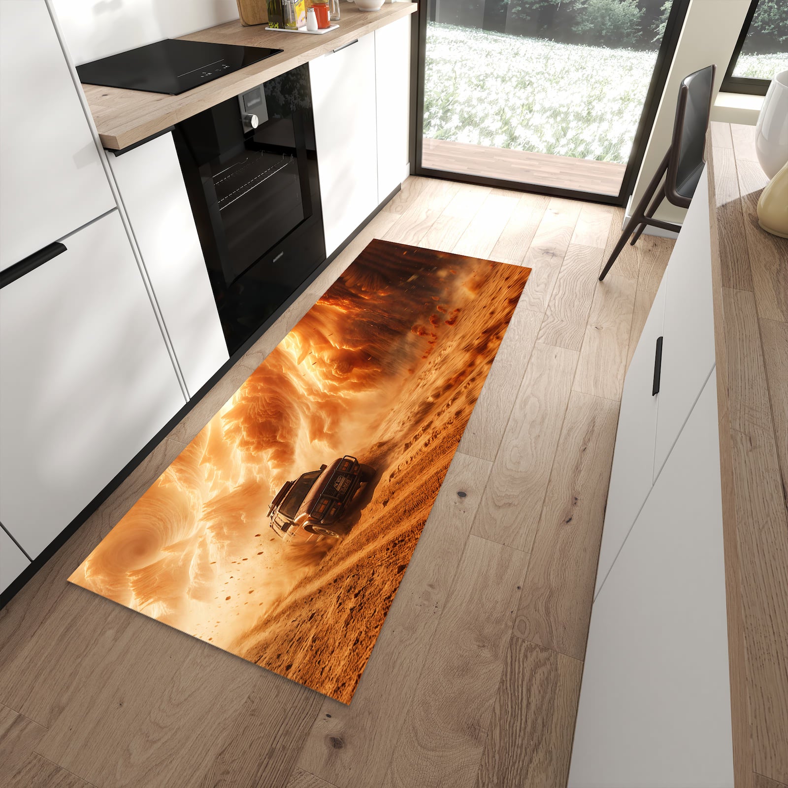 Zeitsparender rutschfester Läufer mit Motiv Sandsturm Jeep Abenteuer in moderner Küche