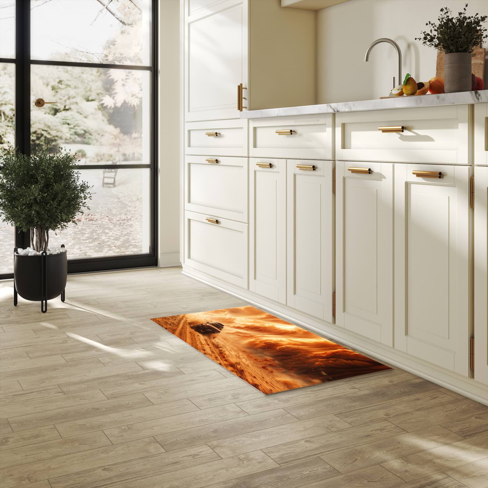Küchenteppich mit Motiv Sandsturm Jeep Abenteuer für Ordnung & Übersicht in heller Küche