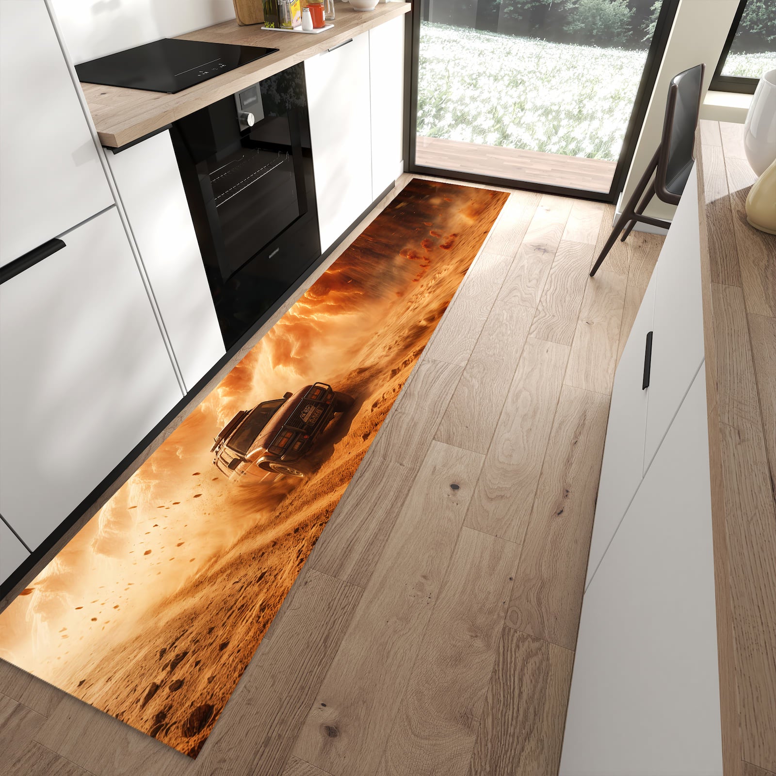 Formstabiler langer Teppich mit Motiv Sandsturm Jeep Abenteuer in moderner Küche