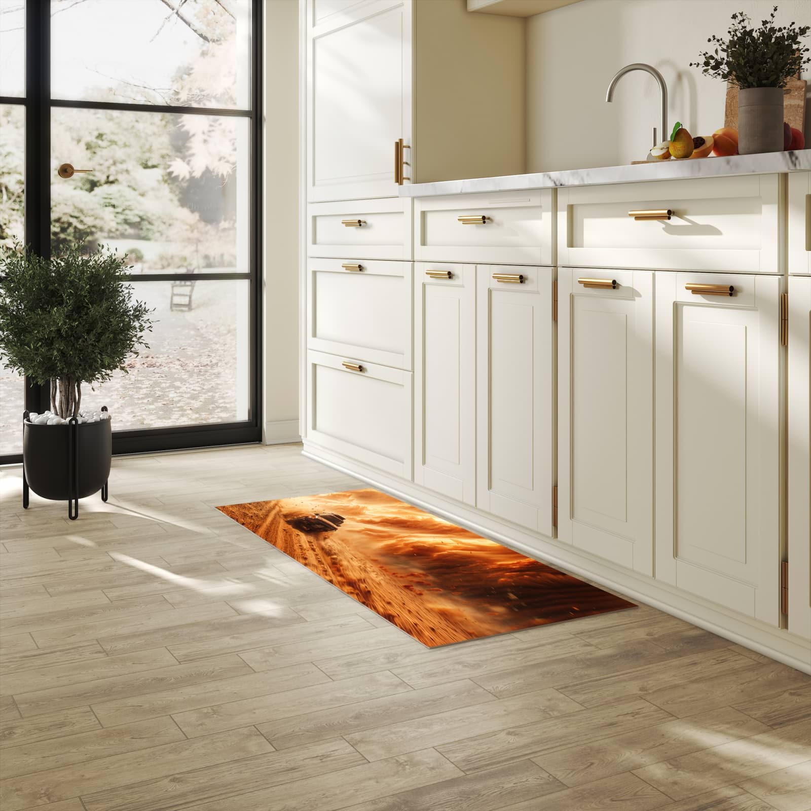 Bodenschonender rutschfester Küchenteppich mit Motiv Sandsturm Jeep Abenteuer in heller Küche