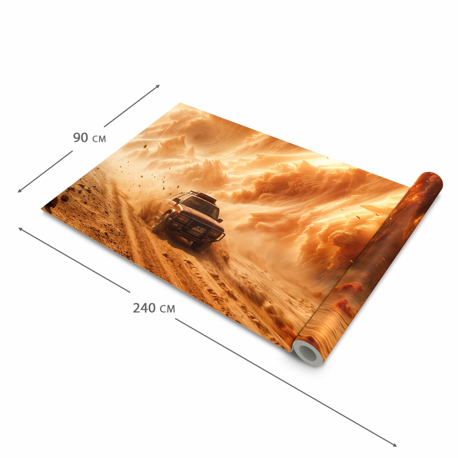 Waschbarer Teppich fürs Esszimmer mit Motiv Sandsturm Jeep Abenteuer in der Größe 60x90 cm