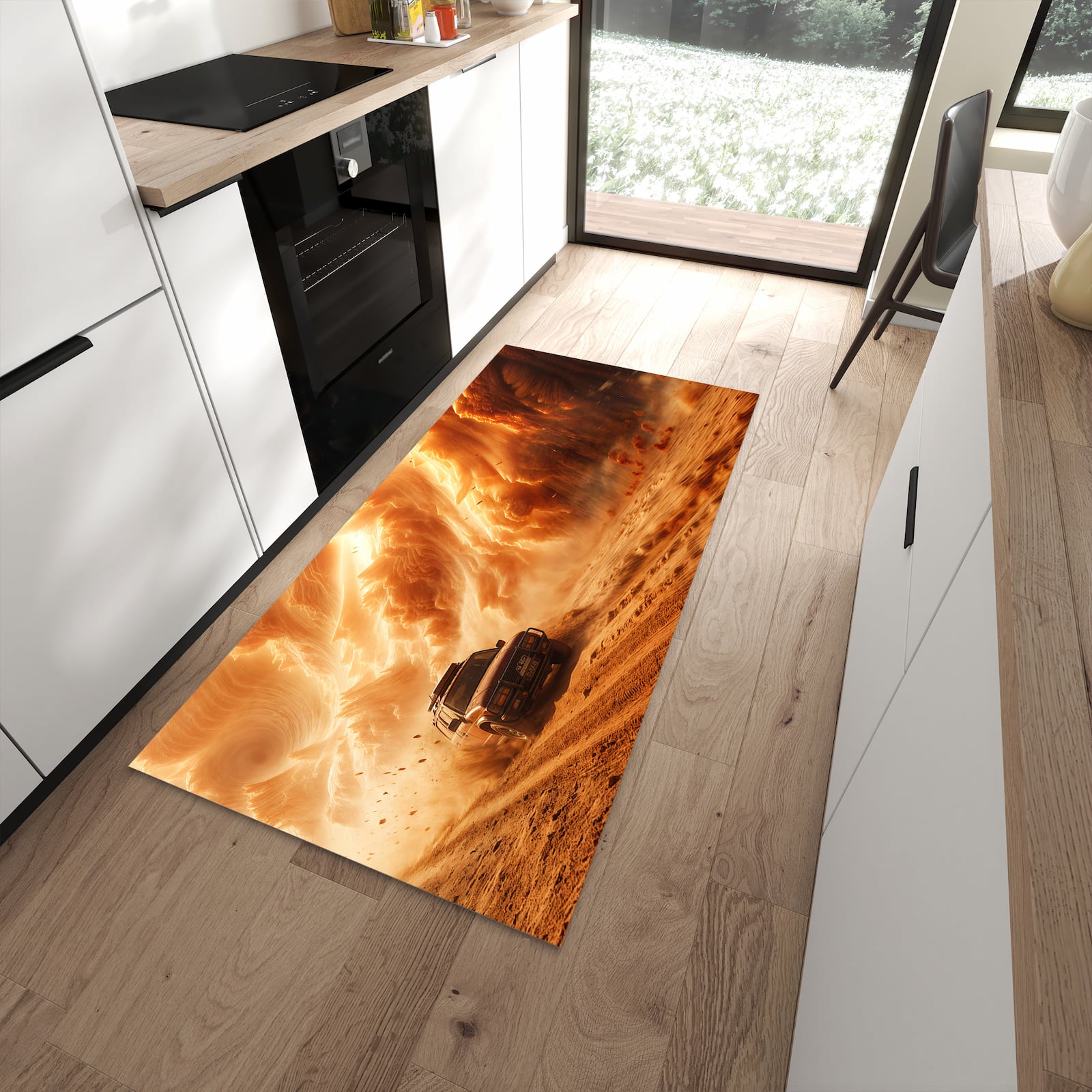 Küchenteppich mit Motiv Sandsturm Jeep Abenteuer für Trittkomfort in moderner Küche, waschbar