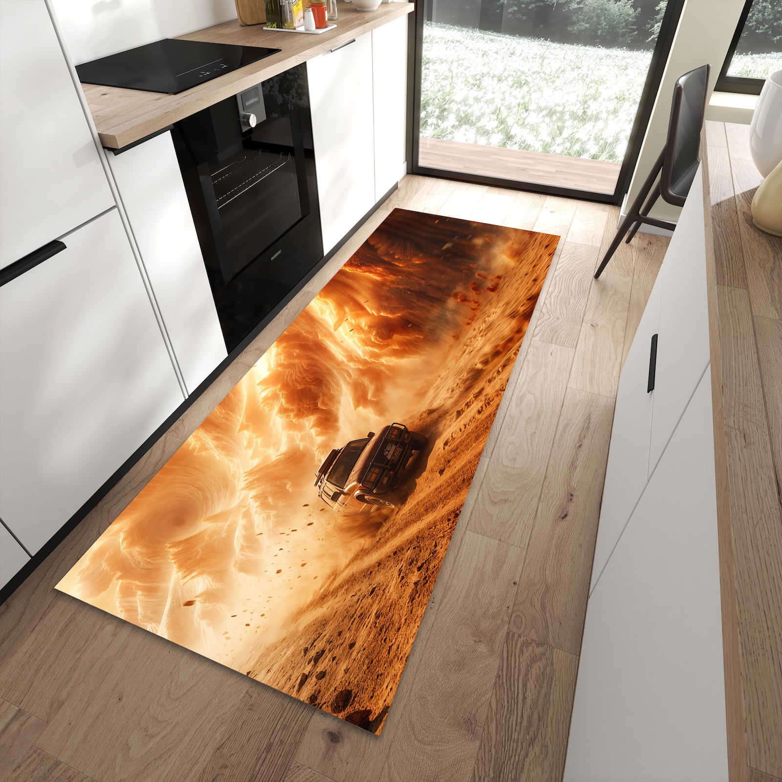 Wasserabweisender Teppich für Esstisch mit Motiv Sandsturm Jeep Abenteuer in moderner Küche