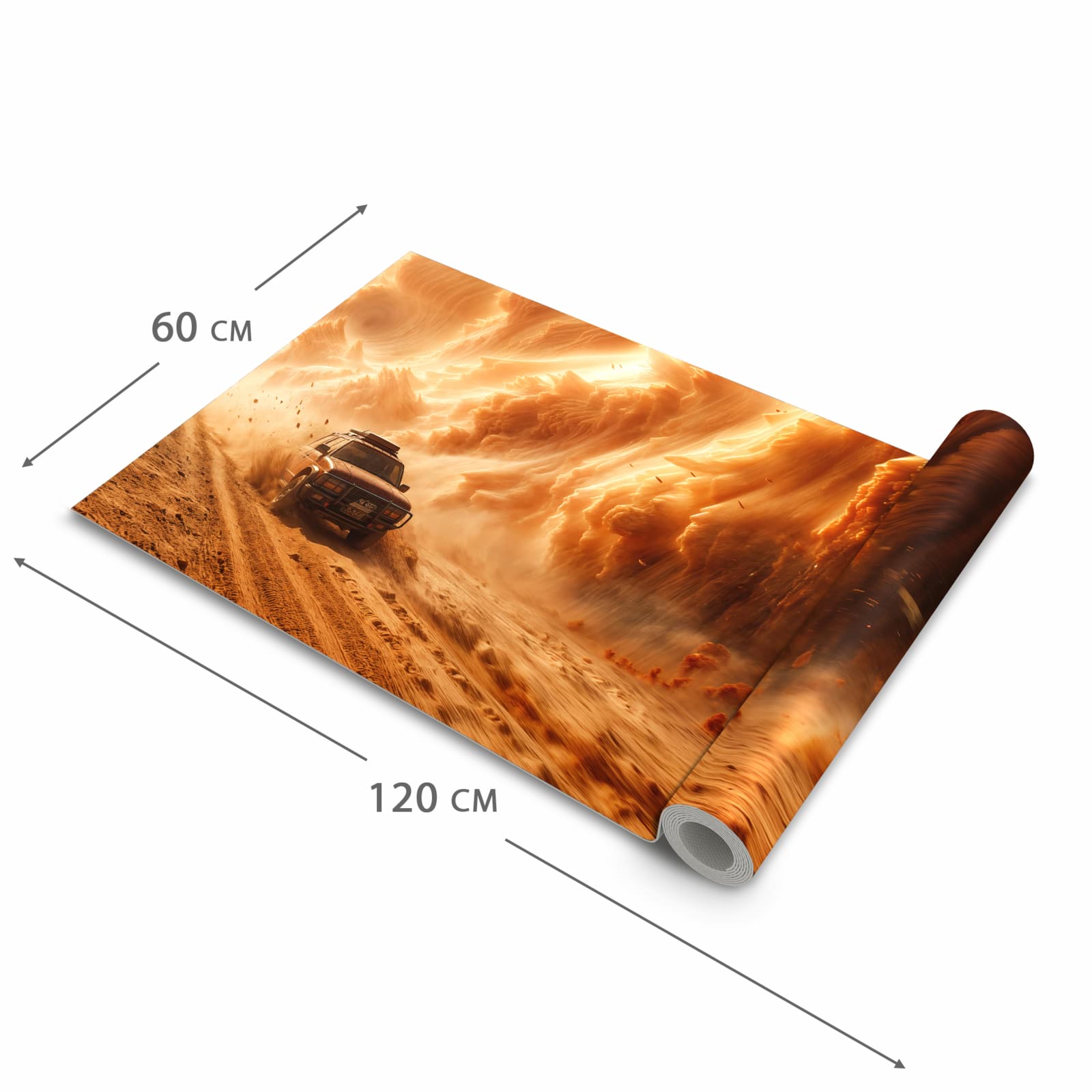 Fleckenresistenter waschbarer Teppich Küche mit Motiv Sandsturm Jeep Abenteuer in der Grösse 60x90 cm