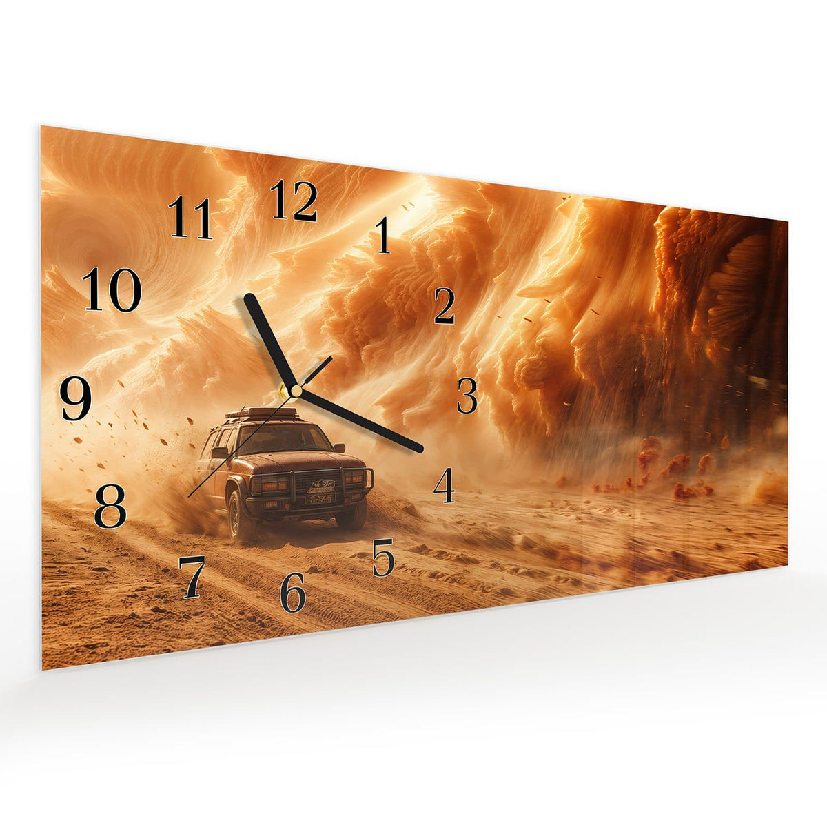 Vormontiert – mit Schwebeeffekt – Wanduhr Sandsturm Jeep Abenteuer aus Glas – Querformat 60 × 30 cm