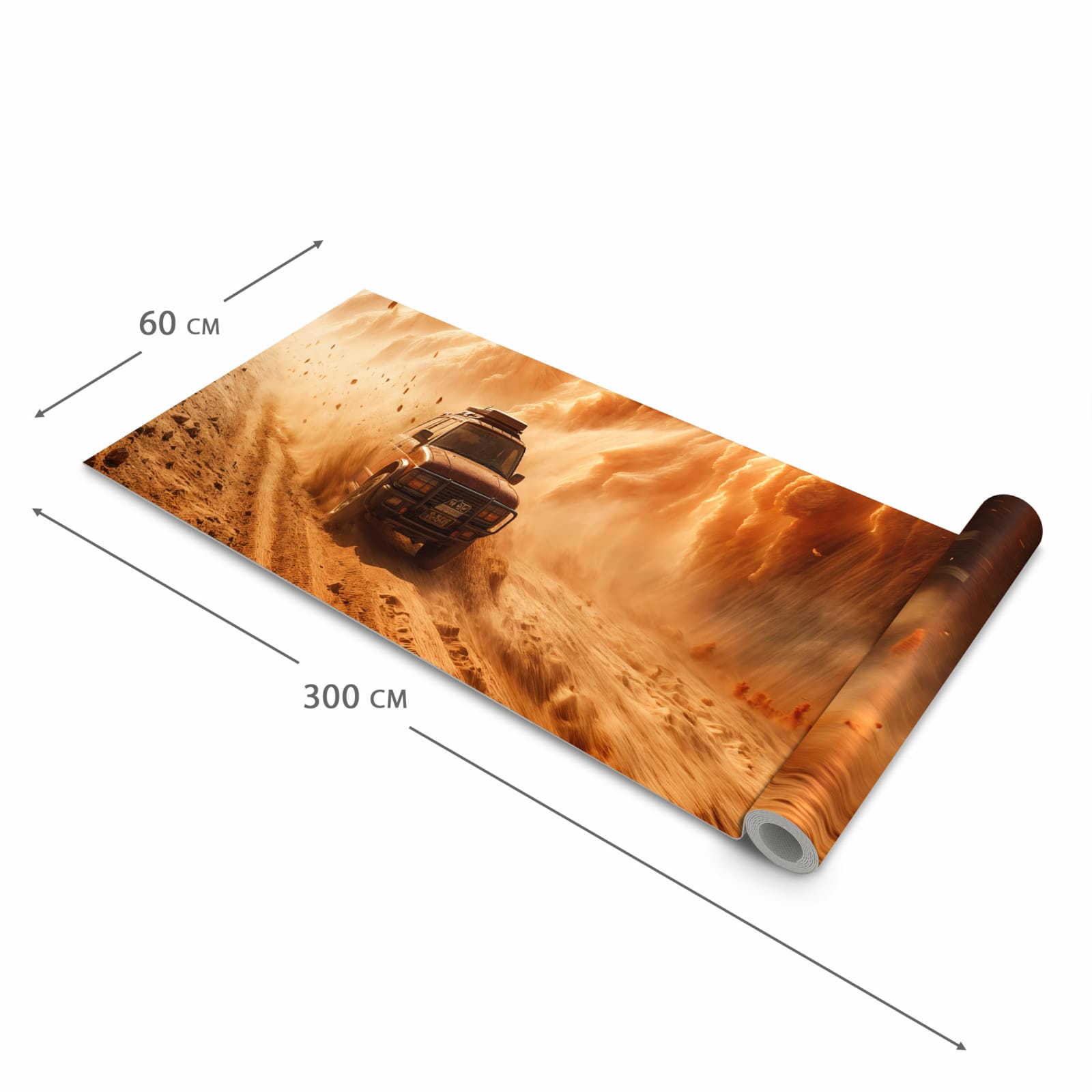 Pflegeleichter waschbarer Küchenläufer mit Motiv Sandsturm Jeep Abenteuer in der Größe 60x90 cm