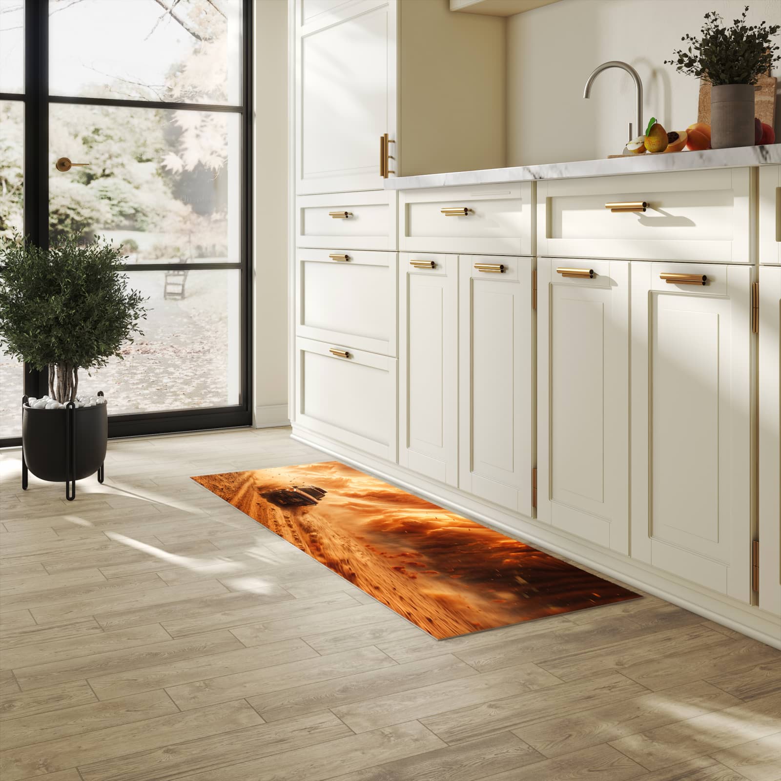 Farbbeständiger Küchenteppich mit Motiv Sandsturm Jeep Abenteuer in heller Küche