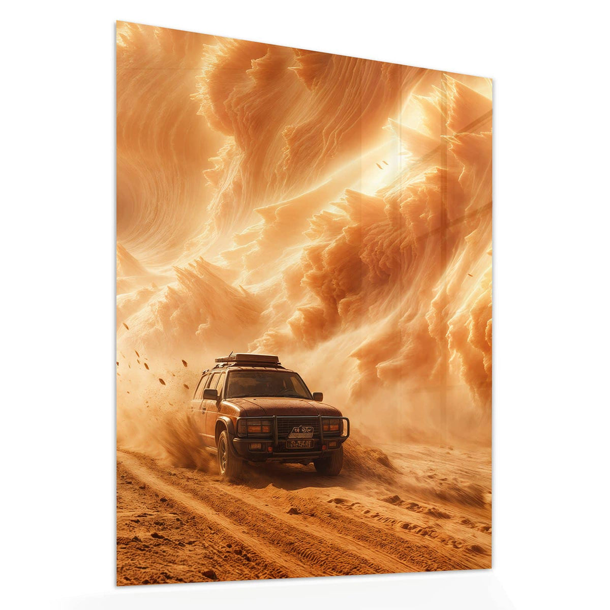 Echtglas, 4 mm – kein Acryl, keine Folie – Wandbild - Auto im Sandsturm - Hochformat