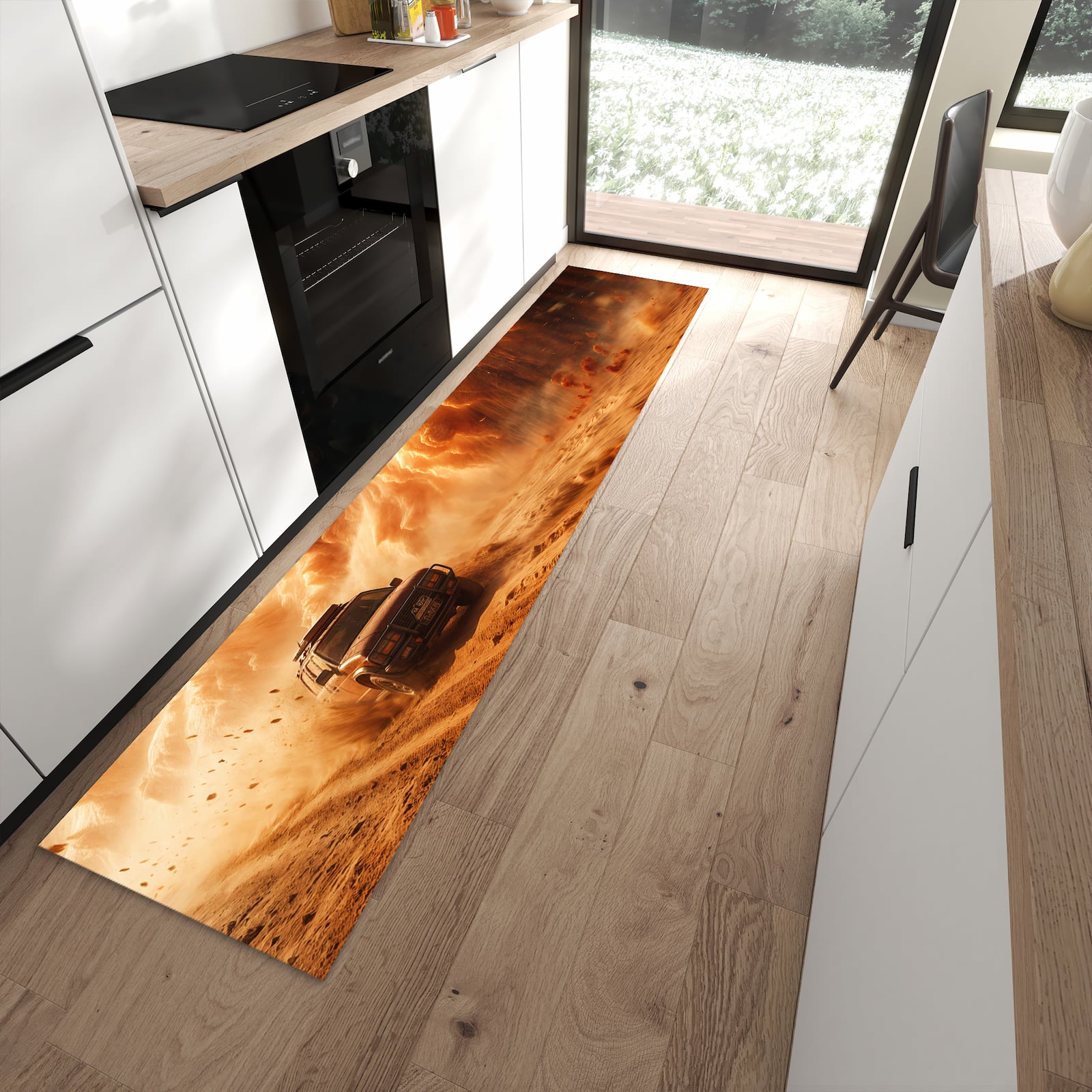 Farbbeständiger waschbarer Küchenläufer mit Motiv Sandsturm Jeep Abenteuer in moderner Küche