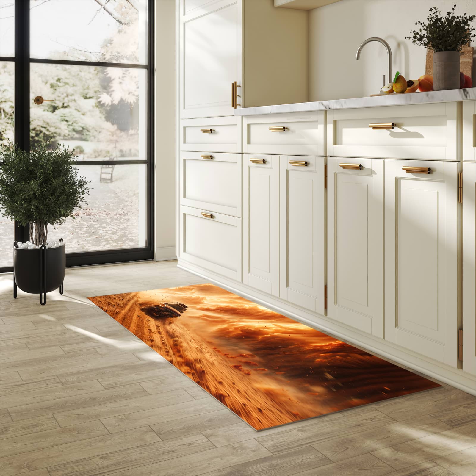 Abriebfester Küchenteppich mit Motiv Sandsturm Jeep Abenteuer in heller Küche