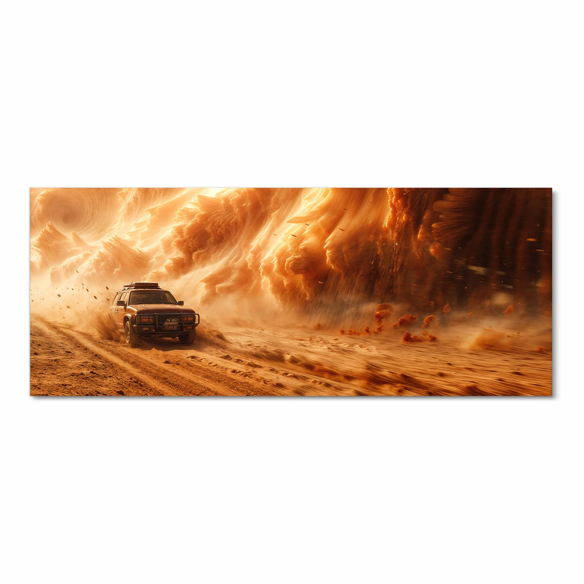 Geländewagen fährt vor einer riesigen orangen Sandsturmwand