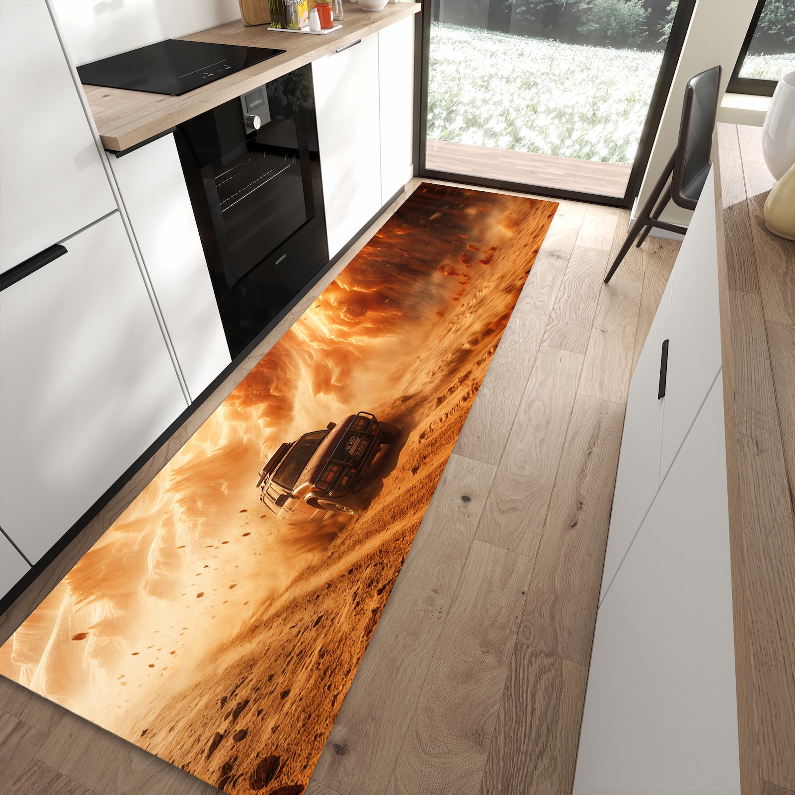 UV-beständiger waschbarer Küchenteppich mit Motiv Sandsturm Jeep Abenteuer in moderner Küche