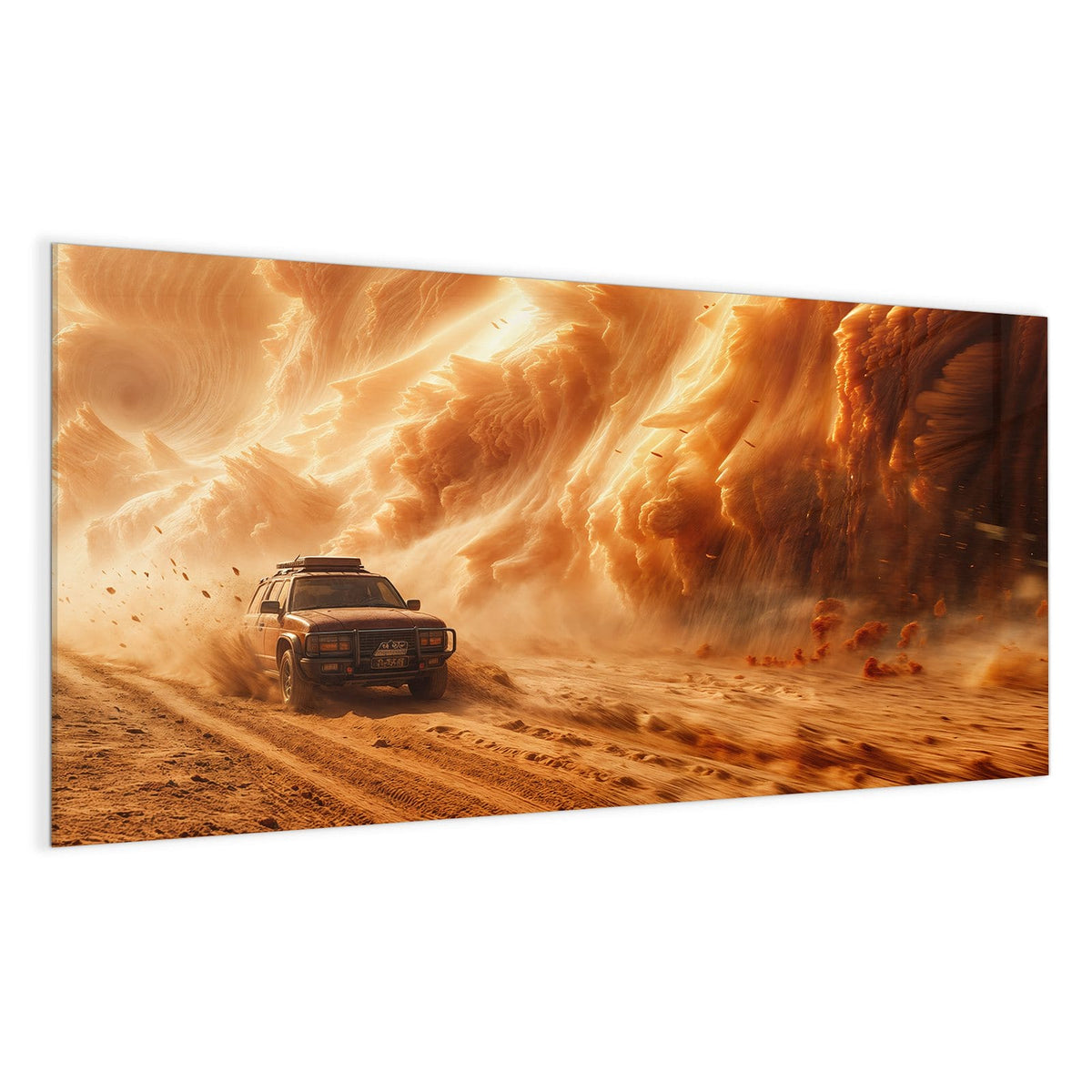 Geländewagen fährt vor einer riesigen orangen Sandsturmwand