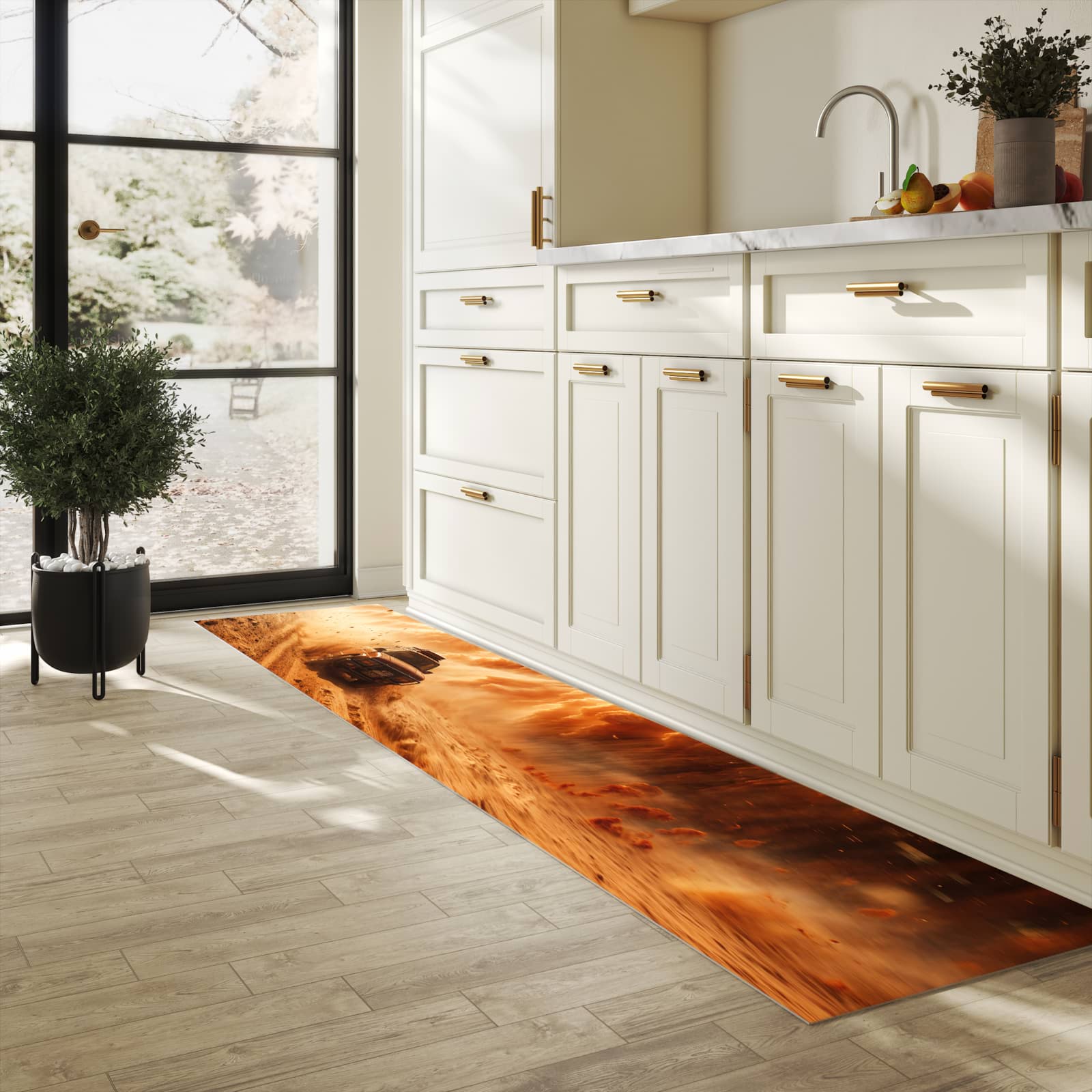 Zeitsparender großer Küchenteppich mit Motiv Sandsturm Jeep Abenteuer in heller Küche