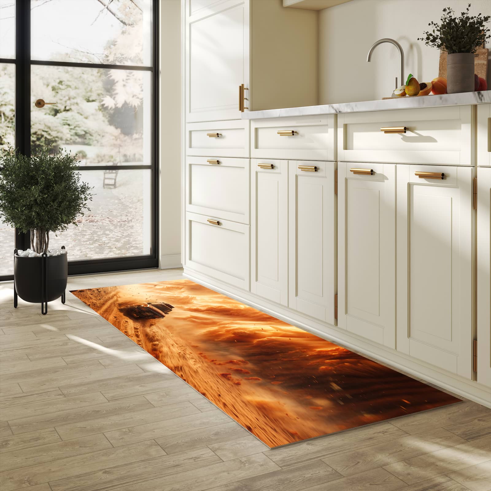 UV-beständiger Küchenläufer mit Motiv Sandsturm Jeep Abenteuer in heller Küche