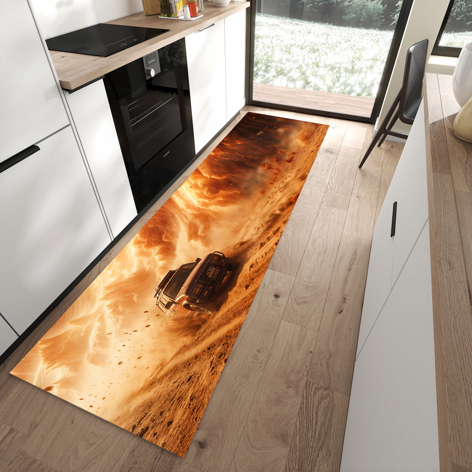 Abriebfester Küchenteppich mit Motiv Sandsturm Jeep Abenteuer in moderner Küche
