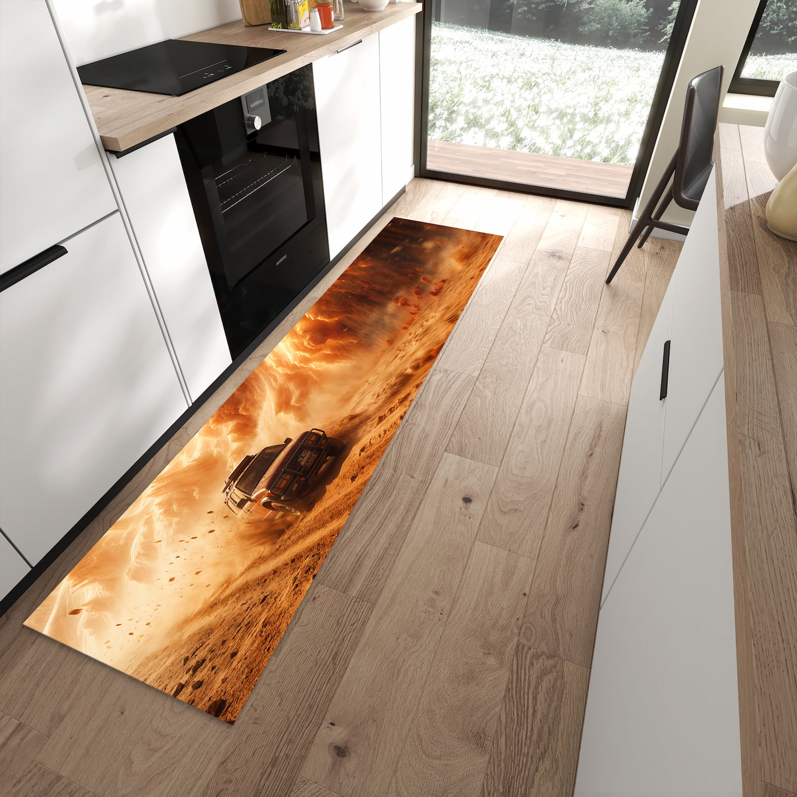 Bodenschonender waschbarer Küchenläufer mit Motiv Sandsturm Jeep Abenteuer in moderner Küche