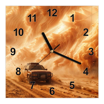 Wanduhr Quadratisch mit dem Motiv Auto im Sandsturm