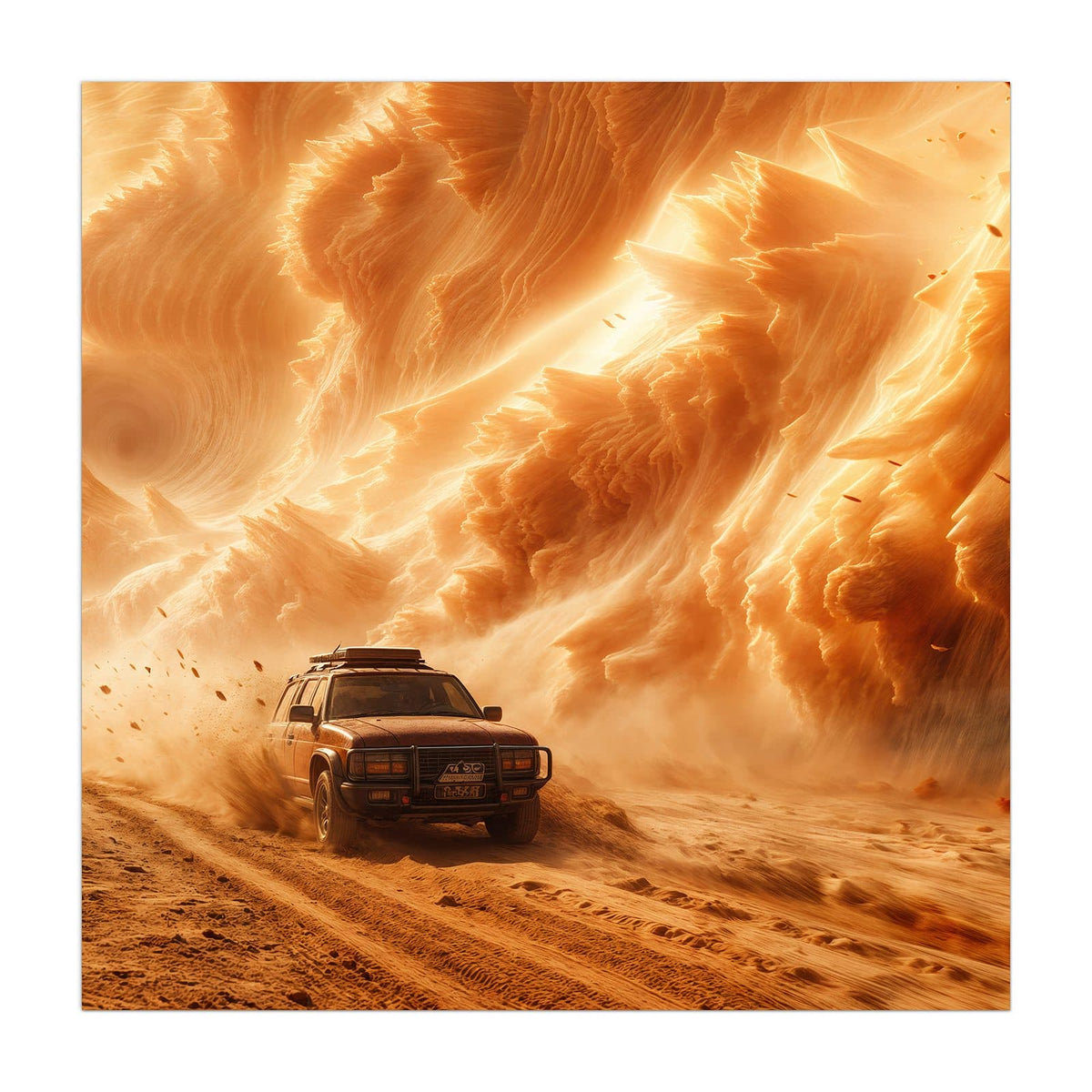 Küchenrückwand aus Glas Auto im Sandsturm im quadratischen Format, Motiv bildfüllend von vorn #grösse_40 x 40 cm #grösse_50 x 50 cm #grösse_60 x 60 cm