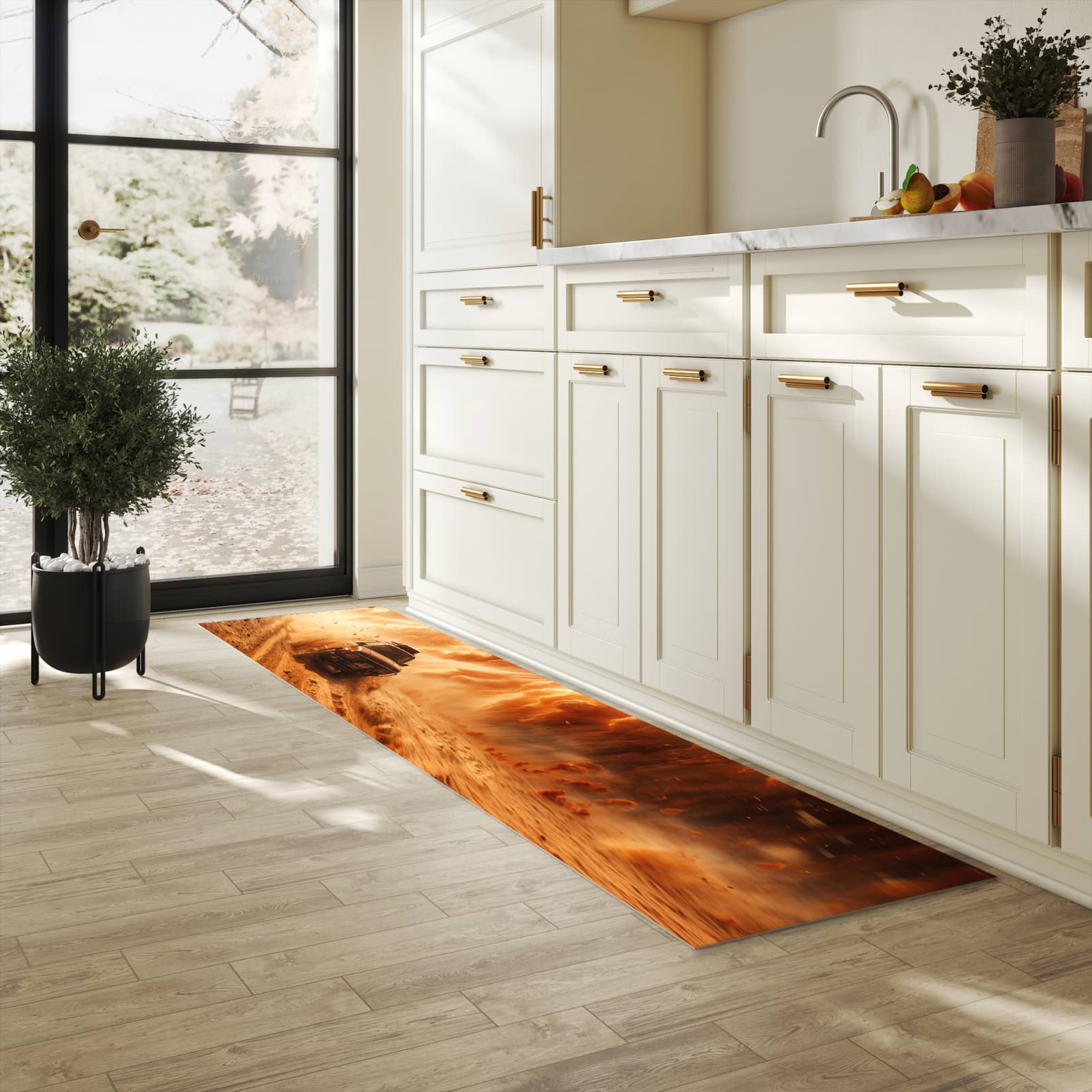 Waschbarer Küchenteppich mit Motiv Sandsturm Jeep Abenteuer in heller Küche für sichere Aufbewahrung