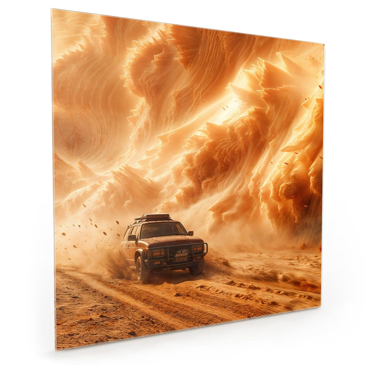 Küchenrückwand aus Glas im quadratischen Format mit Motiv Auto im Sandsturm: Geländewagen fährt vor einer riesigen orangen Sandsturmwand #grösse_40 x 40 cm #grösse_50 x 50 cm #grösse_60 x 60 cm