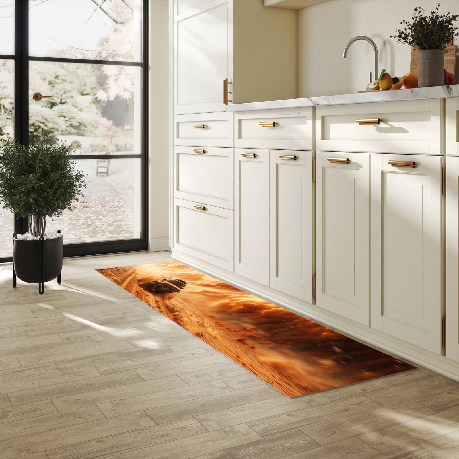 Formstabiler waschbarer Küchenteppich mit Motiv Sandsturm Jeep Abenteuer in heller Küche