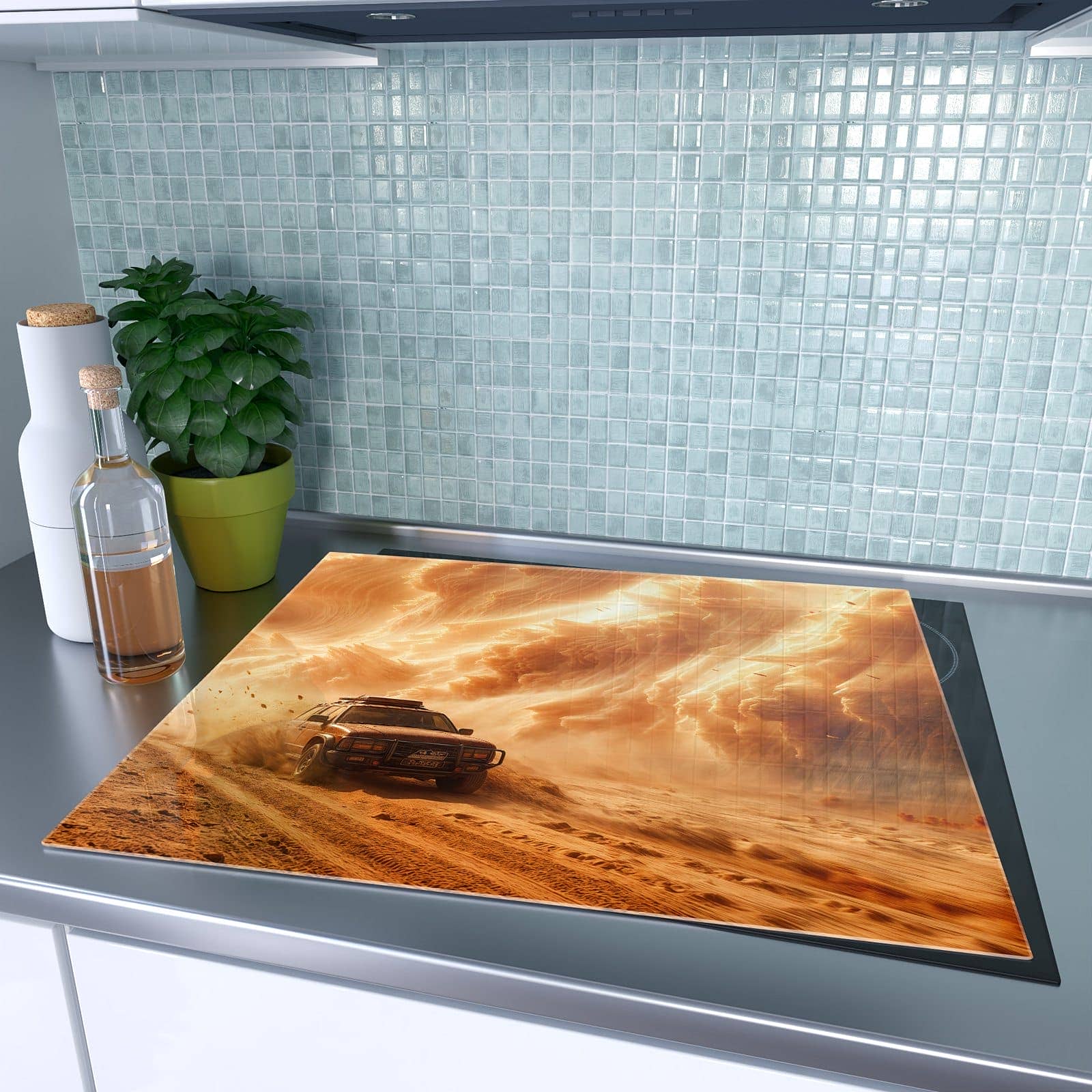 1-teilige Herdabdeckplatten aus Glas mit Sandsturm Jeep Abenteuer-Motiv auf dem Ceranfeld