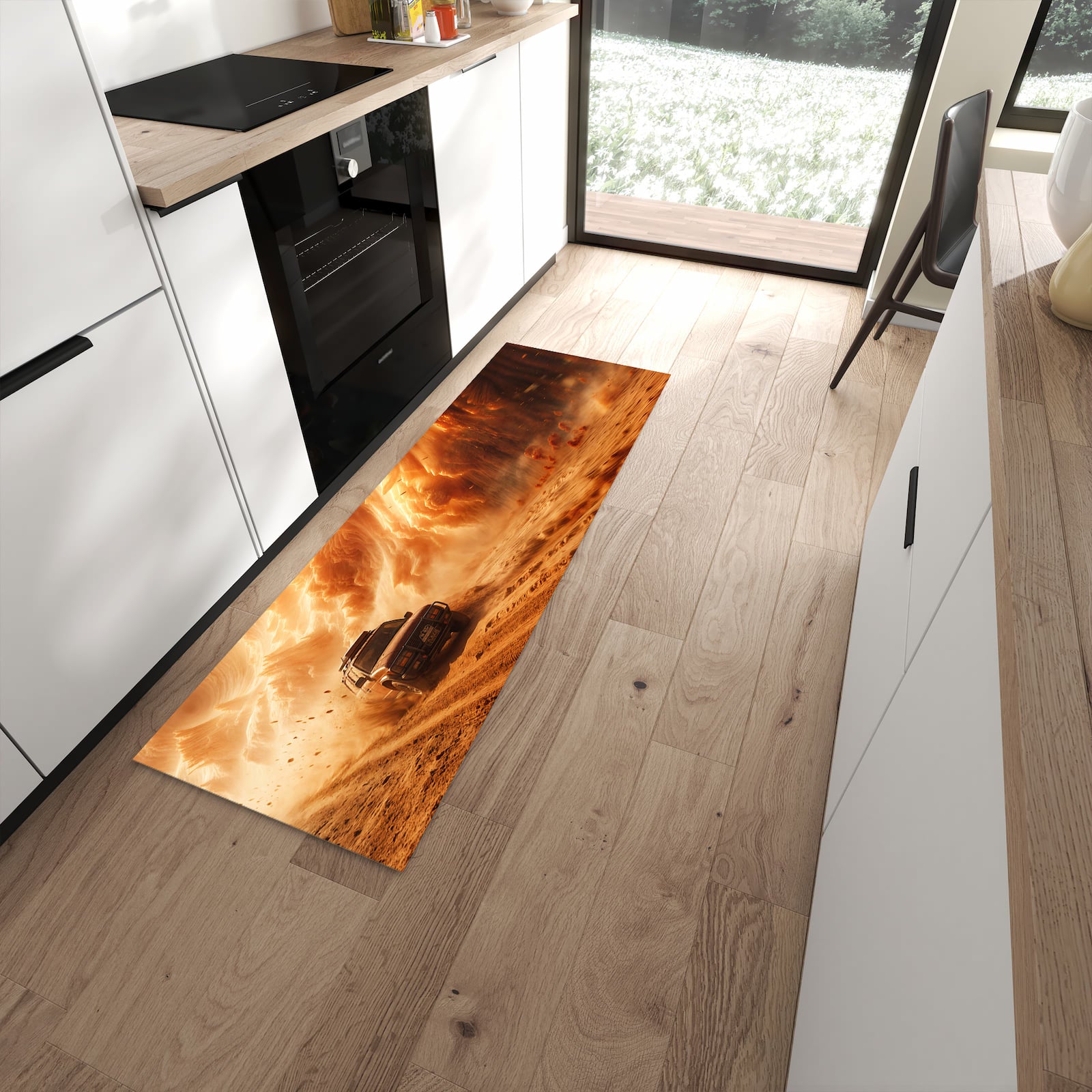 Ordnungsschaffender Teppichläufer mit Motiv Sandsturm Jeep Abenteuer in moderner Küche