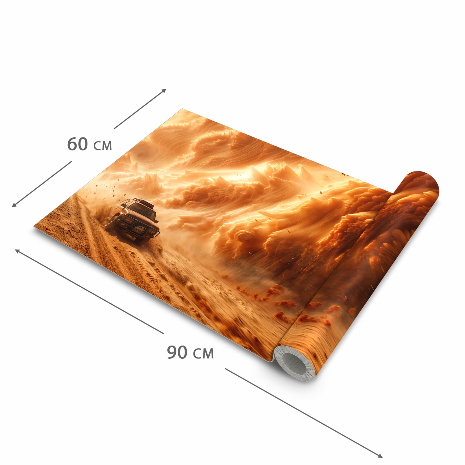 Komfortabler langer Teppich mit Motiv Sandsturm Jeep Abenteuer in der Grösse 60x90 cm