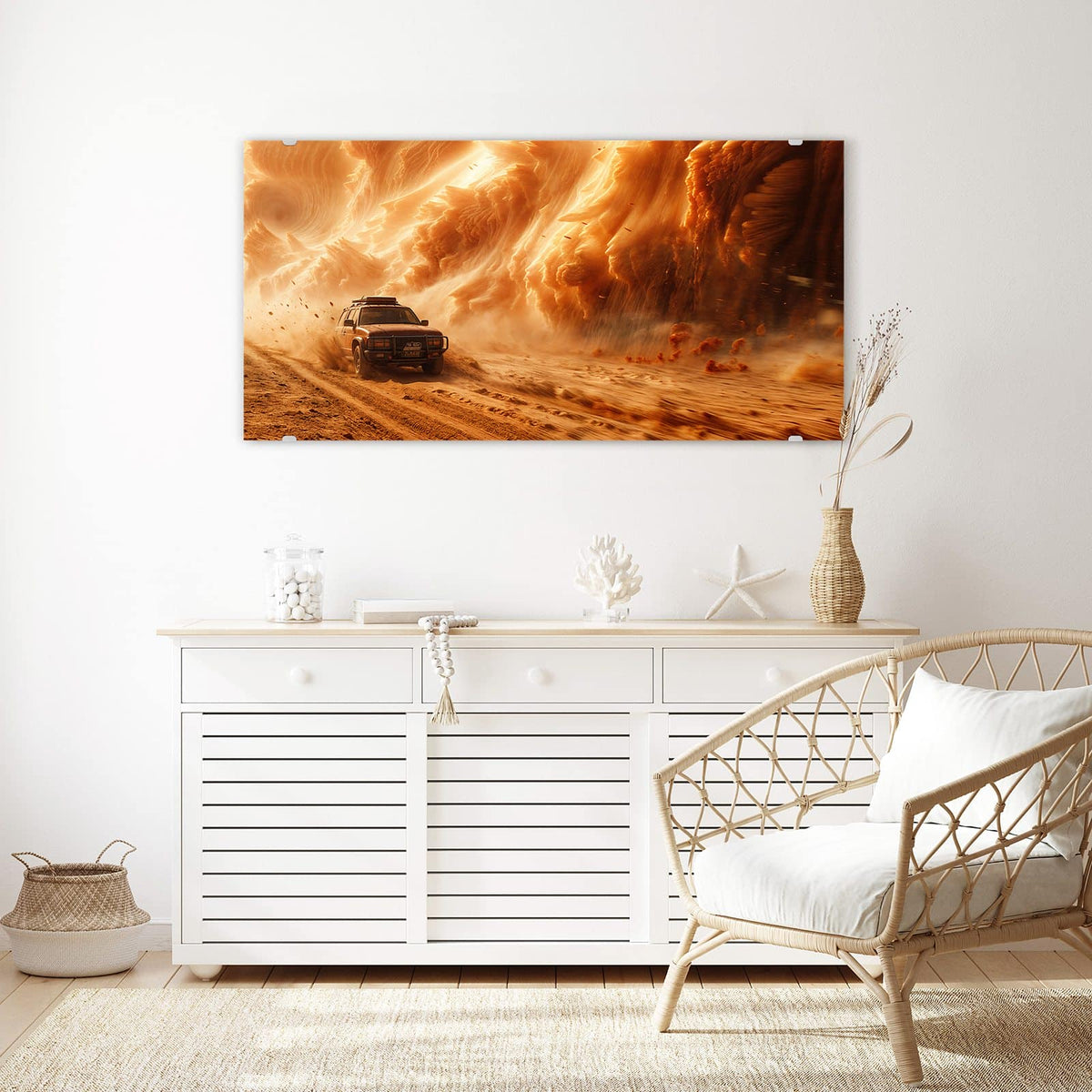 Echtglas, 4 mm – kein Acryl, keine Folie – Wandbild - Auto im Sandsturm - Querformat