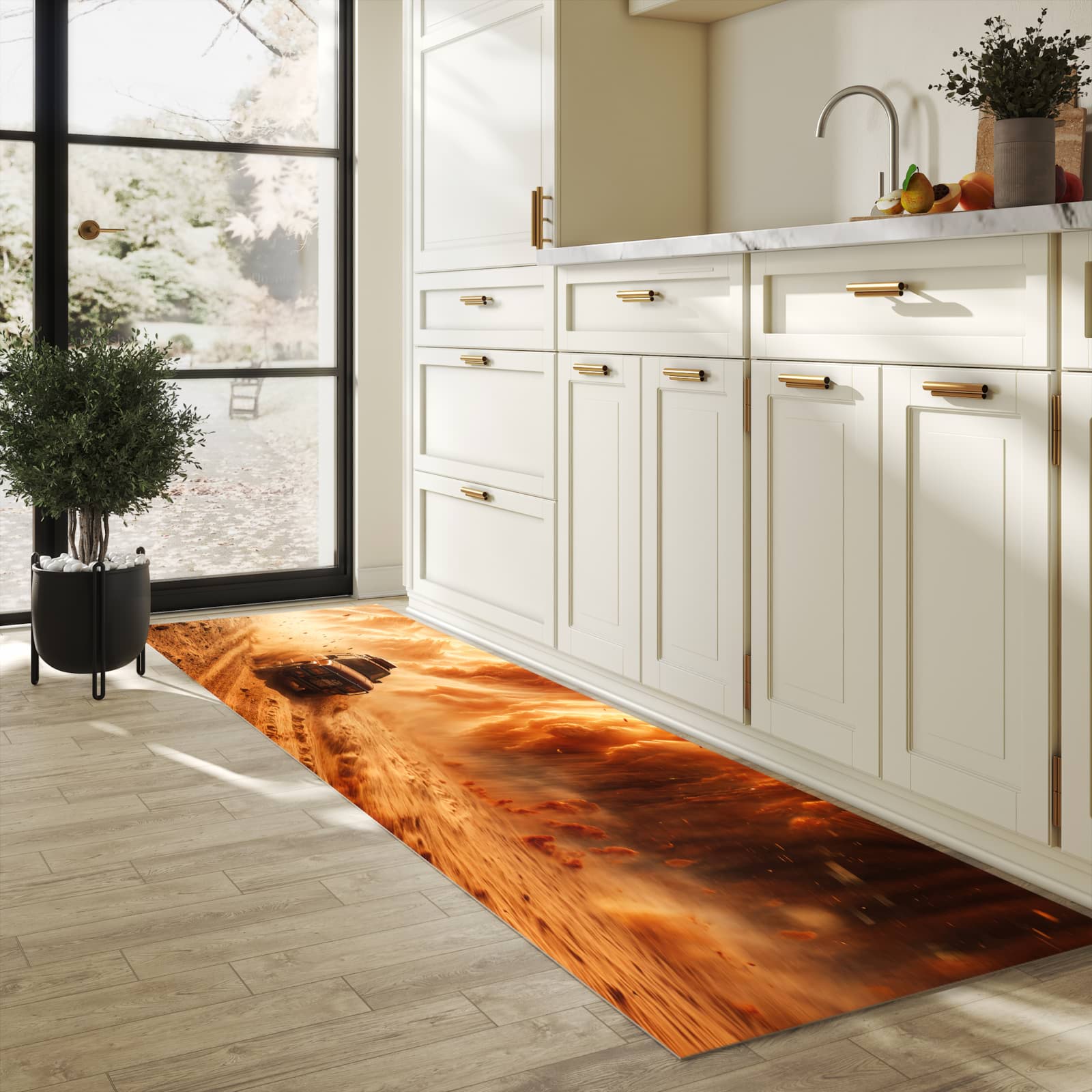 Wasserabweisender Küchenläufer mit Motiv Sandsturm Jeep Abenteuer in heller Küche