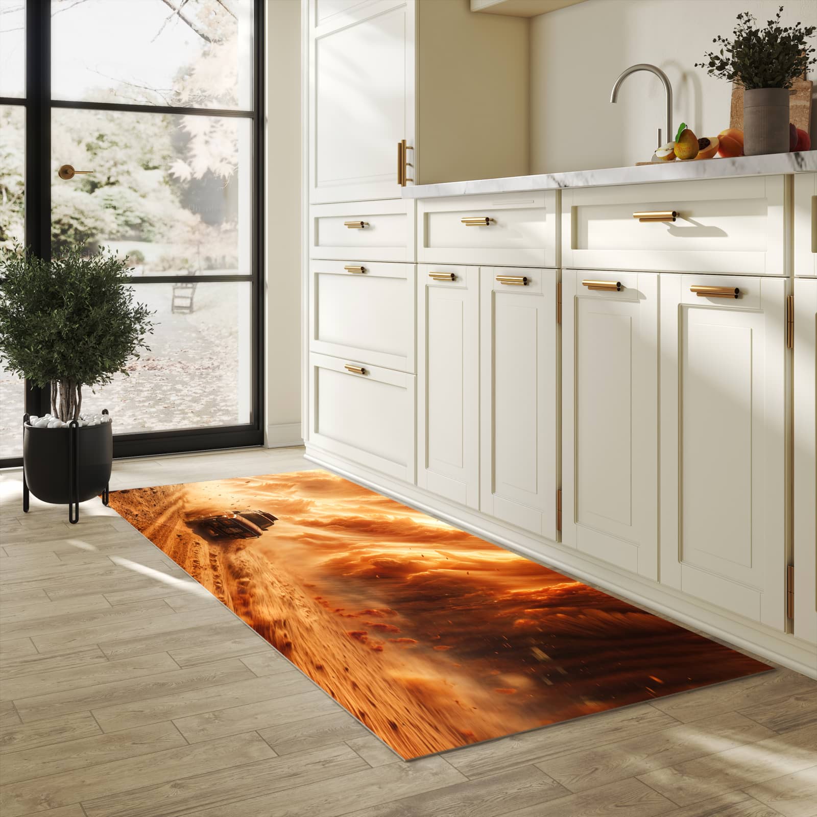 Schmutzabweisender rutschfester Küchenläufer mit Motiv Sandsturm Jeep Abenteuer in heller Küche