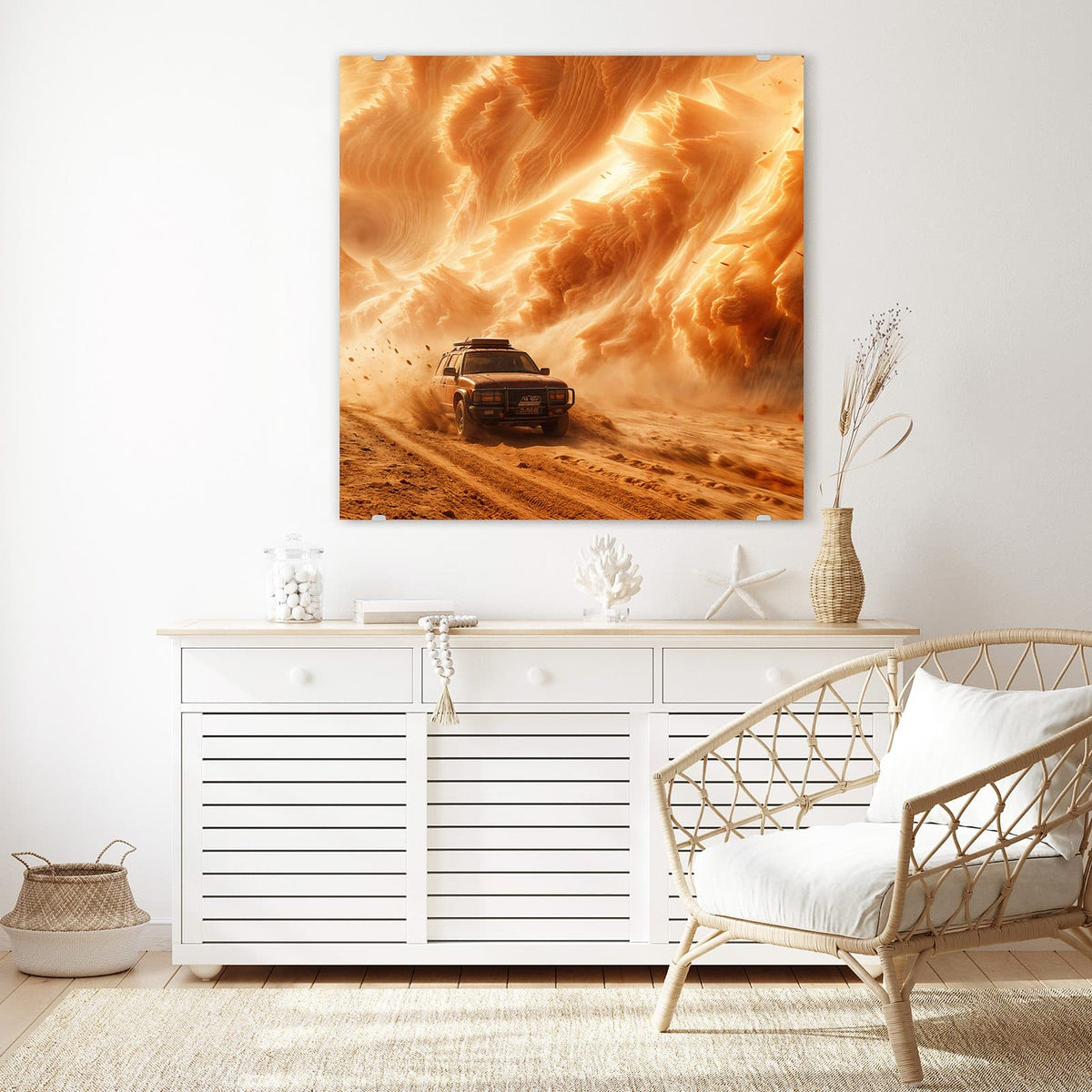 Echtglas, 4 mm – kein Acryl, keine Folie – Wandbild - Auto im Sandsturm - Quadratisch